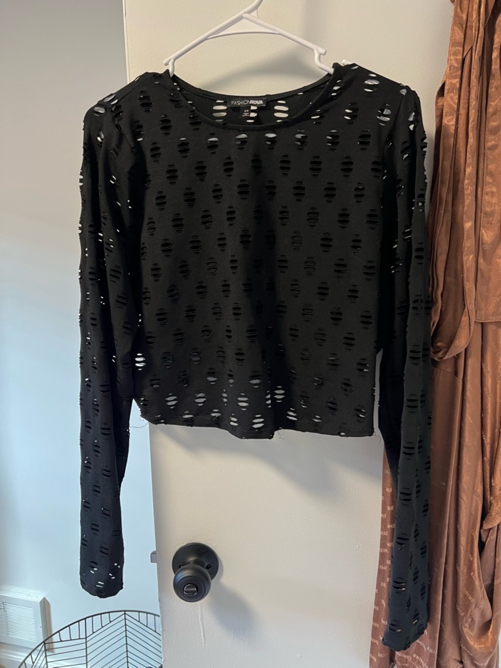 Fashion Nova Black Distressed Long Sleeve Crop Top